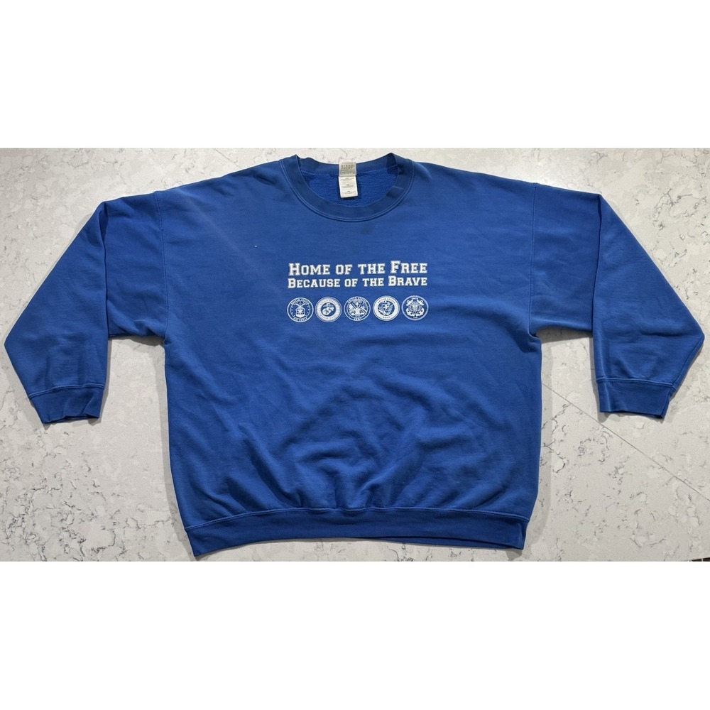 VTG 90s Gildan Home of the Free Military Crewneck Sweatshirt Mens 2XL XXL Blue